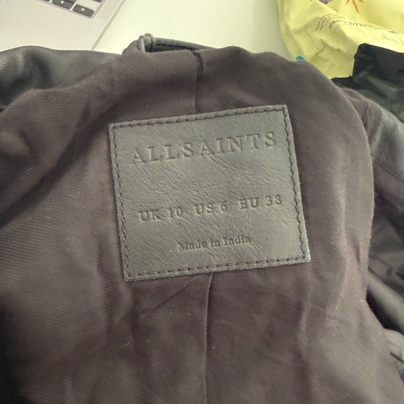 All Saints Black Leather Cropped Bomber High Neck Jacket US 6 - Picture 9 of 11